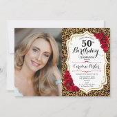 Leopard Print Gold Red Foto 50. Geburtstag Einladung (Vorderseite)