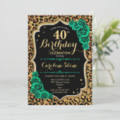 Leopard Print Green Rose 40. Geburtstag Einladung (Stehend Vorderseite)