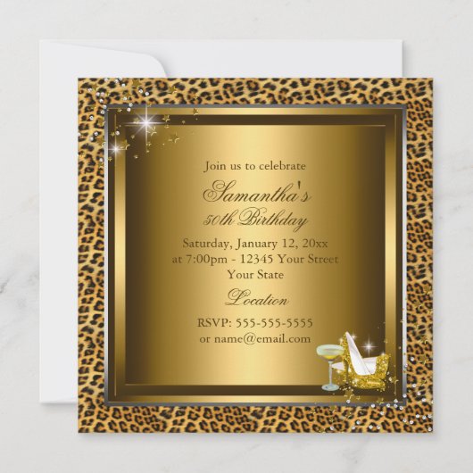 Leopard Print & Heelse 50 Gold-Faust Einladung (Rückseite)