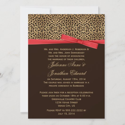 Leopard Print IMITATE Red Ribbon Post Hochzeit Einladung (Vorderseite)