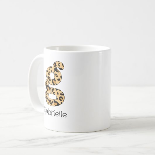 Leopard Print Initial g Lowercase und Name Kaffeetasse (Vorderseite Links)