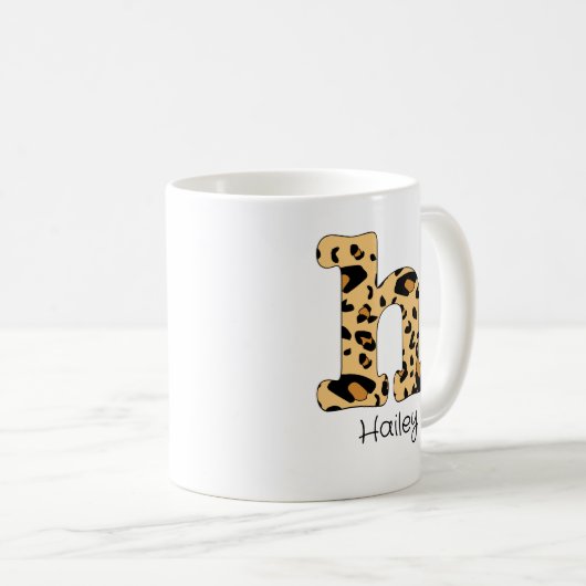 Leopard Print Initial h Lowercase und Name Kaffeetasse (VorderseiteRechts)