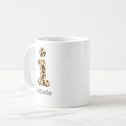 Leopard Print Initial i Lowercase und Name Kaffeetasse (Vorderseite Links)