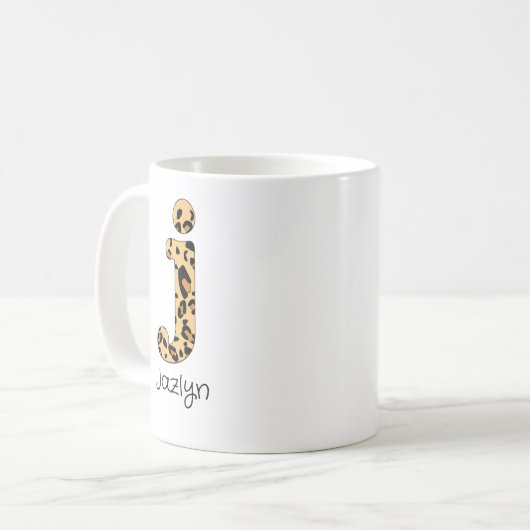 Leopard Print Initial j Lowercase und Name Kaffeetasse (Vorderseite Links)