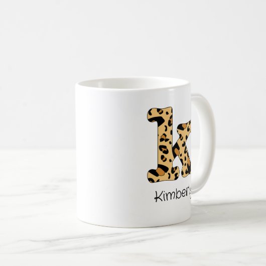 Leopard Print Initial k Lowercase und Name Kaffeetasse (VorderseiteRechts)