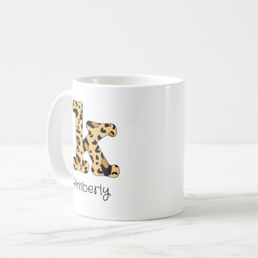 Leopard Print Initial k Lowercase und Name Kaffeetasse (Vorderseite Links)