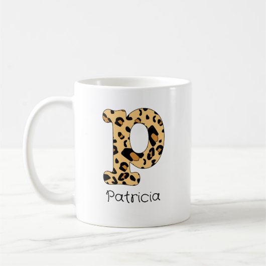 Leopard Print Initial Lowercase p und Name Kaffeetasse (Links)