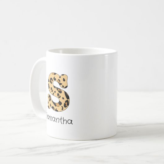 Leopard Print Initial s Lowercase und Name Kaffeetasse (Vorderseite Links)