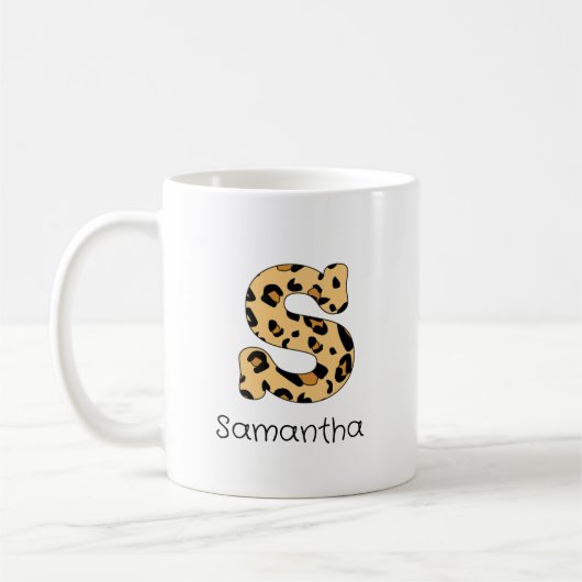 Leopard Print Initial s Lowercase und Name Kaffeetasse (Links)