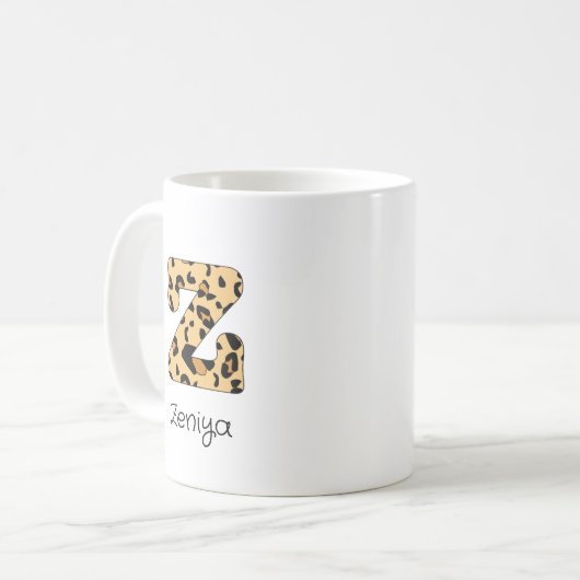 Leopard Print Initial z Lowercase und Name Kaffeetasse (Vorderseite Links)