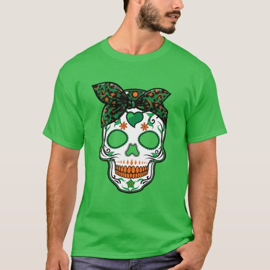 Leopard Print Irish Sugar Skull S Women St Patrick T-Shirt (Vorderseite)