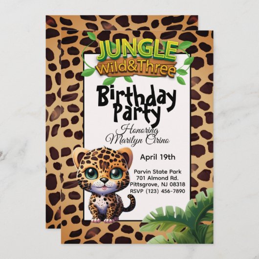 Leopard Print Kitty Cat Wild & Three Birthday 🐆 Einladung (Vorne/Hinten)