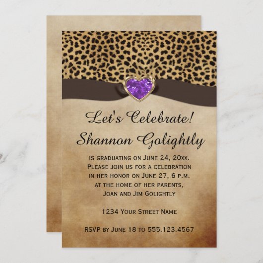 Leopard Print Lila Heart Bling Graduation Party Einladung (Vorne/Hinten)