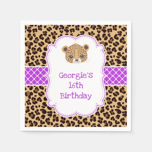 Leopard Print Lila Quatrefolie Geburtstagsparty Serviette (Vorderseite)