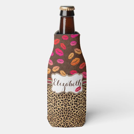 Leopard Print Lips Kisses Personalisiert Flaschenkühler (Flaschenvorderseite)