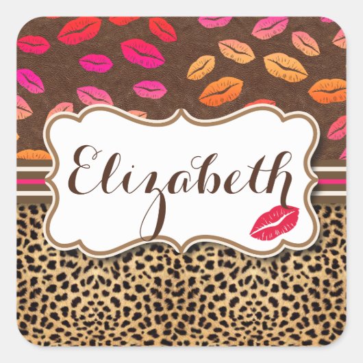 Leopard Print Lips Kisses Personalisiert Quadratischer Aufkleber (Vorderseite)