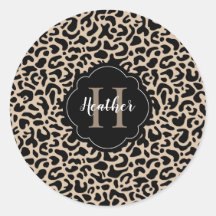 Leopard Print Monogram Classic Round Aufkleber