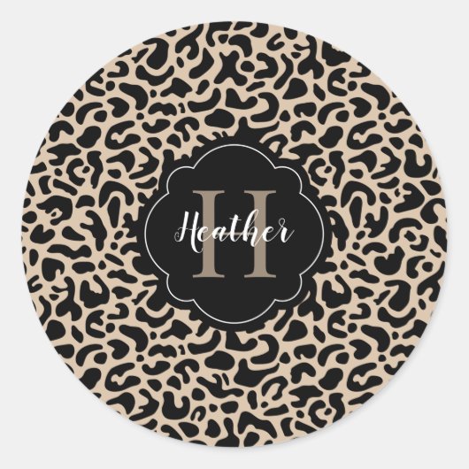 Leopard Print Monogram Classic Round Aufkleber (Vorderseite)