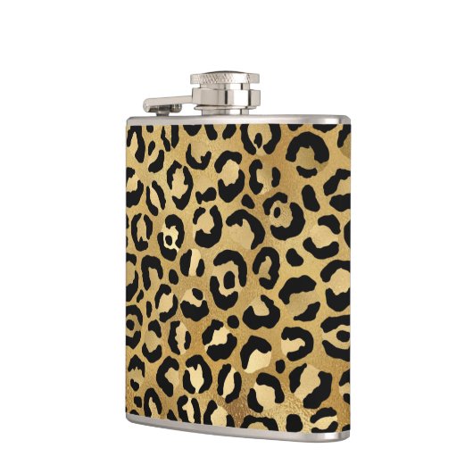 Leopard Print Muster in Gold und Schwarz Flachmann (Links)