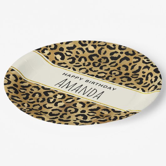 Leopard Print Muster in Gold und Schwarz Geburtsta Pappteller (Schrägansicht)