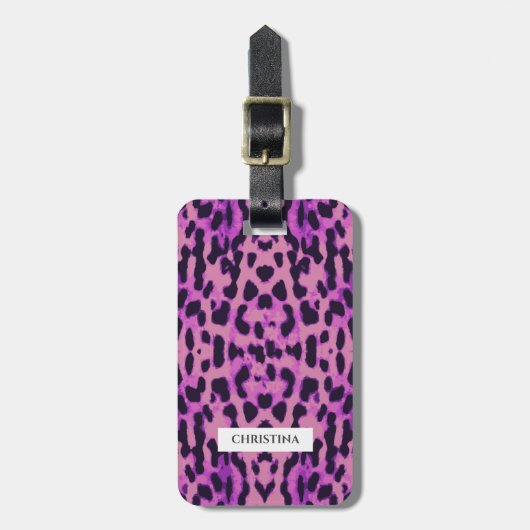 Leopard Print Muster Lila Elegant Personalisiert Gepäckanhänger (Vorderseite vertikal)