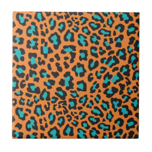 Leopard Print Orange, Black, Aqua Fliese