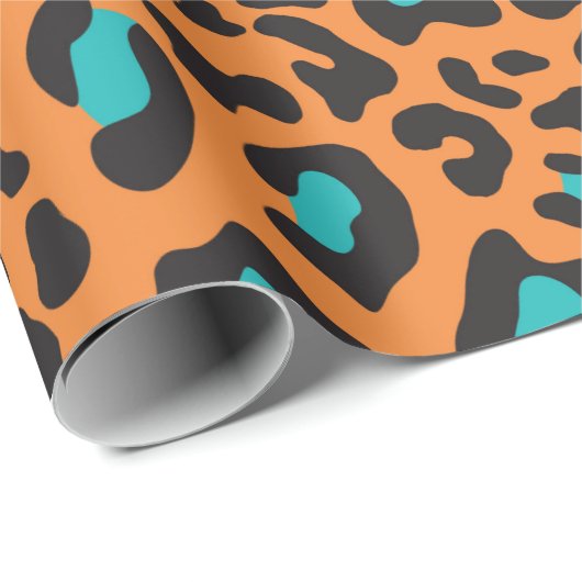 Leopard Print Orange, Black, Aqua Geschenkpapier (Rolleneckpunkt)