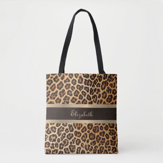 Leopard Print Pattern Braun und Gold Streifen Name Tasche (Vorderseite)
