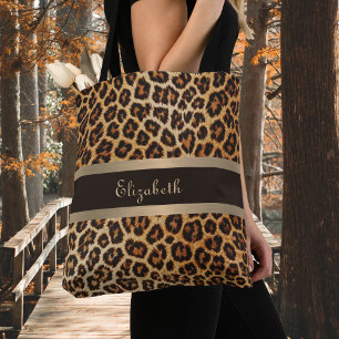 Leopard Print Pattern Braun und Gold Streifen Name Tasche