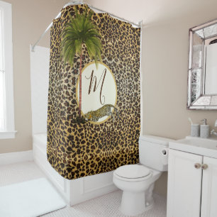 Leopard Print Pattern Palm Tree Elegantes Monogram Duschvorhang