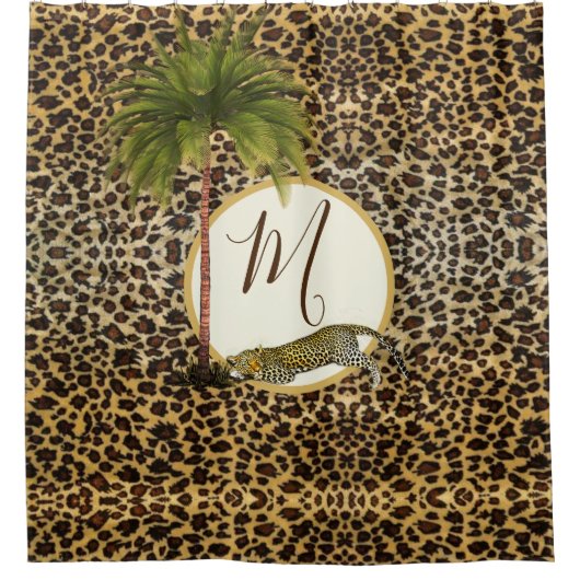 Leopard Print Pattern Palm Tree Elegantes Monogram Duschvorhang (Vorderseite)
