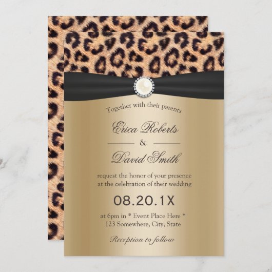 Leopard Print Pearl & Black Ribbon Elegante Hochze Einladung (Vorne/Hinten)