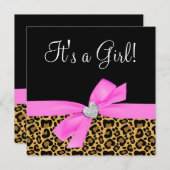 Leopard Print Pink Bow Diamond Girl Babydusche Einladung (Vorne/Hinten)
