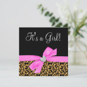 Leopard Print Pink Bow Diamond Girl Babydusche Einladung (Stehend Vorderseite)