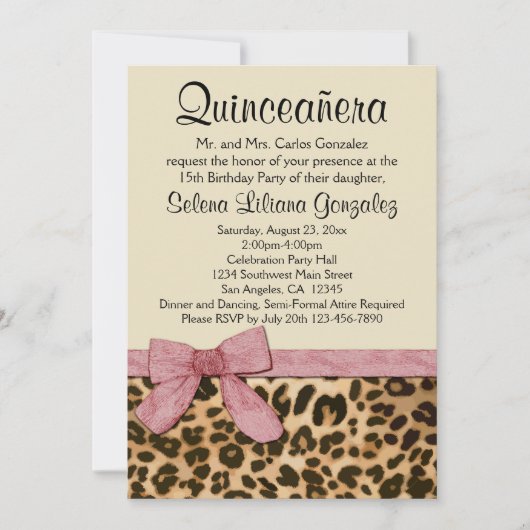 Leopard Print Pink Bow Girl Quinceañera Einladung (Vorderseite)