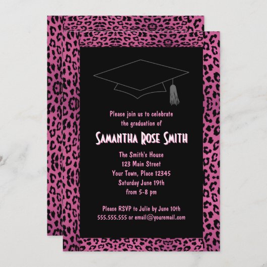 Leopard Print Pink Custom Foto Abschluss 12x18 Einladung (Vorne/Hinten)