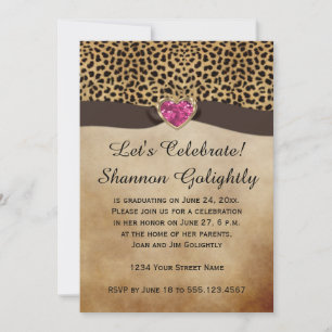 Leopard Print Pink Heart Bling Graduation Party Einladung