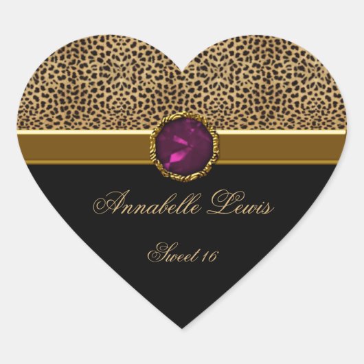 Leopard Print Pink Jewel Sweet 16 Heart Sticke Herz-Aufkleber (Vorderseite)