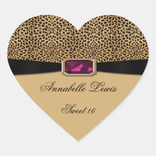Leopard Print Pink Jewel Sweet 16 Heart Sticker (Vorderseite)