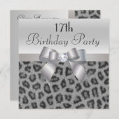 Leopard Print, Printed Bow & Diamond, 17. Geburtst Einladung (Vorne/Hinten)