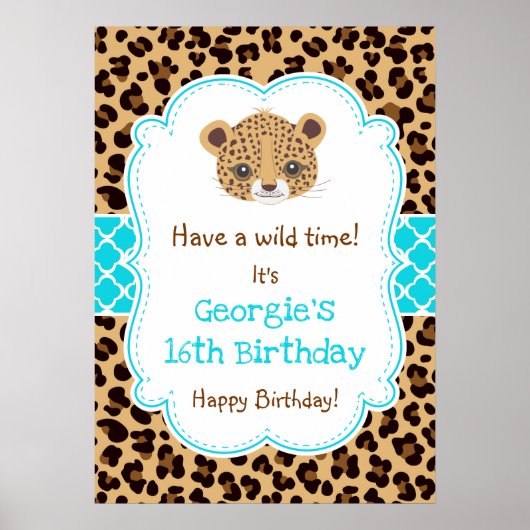 Leopard Print Quatfolie Birthday Poster Blue (Vorne)