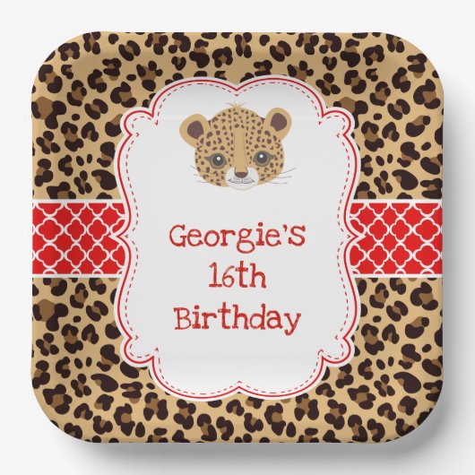 Leopard Print Red Quarter Birthday Party Pappteller (Vorderseite)