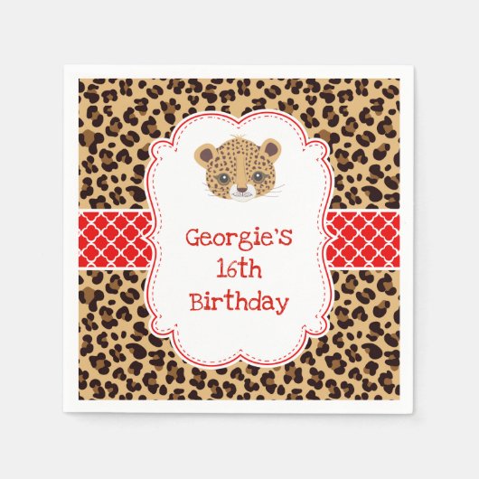 Leopard Print Red Quarter Birthday Party Serviette (Vorderseite)