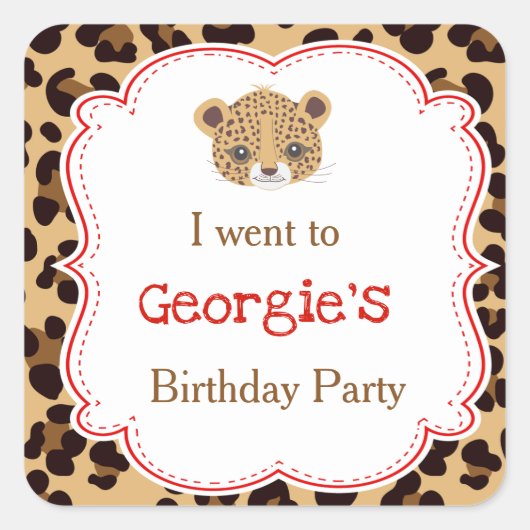 Leopard Print Red Quatrefoil 'I go to" Quadratischer Aufkleber (Vorderseite)