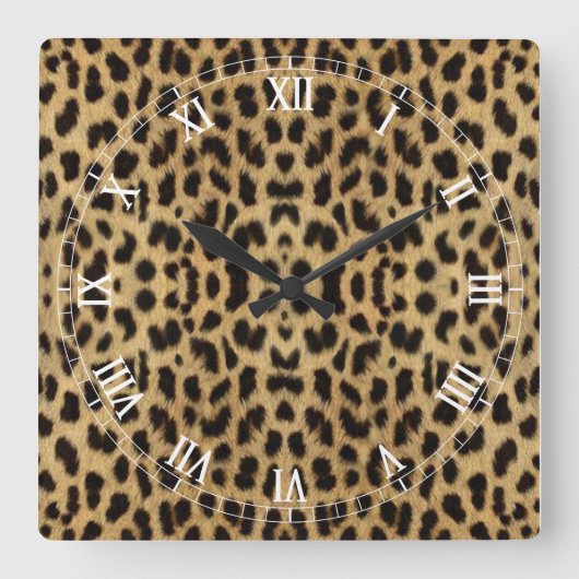 Leopard Print Roman Numeral Clock Quadratische Wanduhr (Vorderseite)