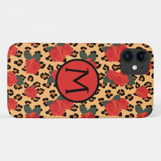 Leopard Print & Rose Tattoo Monogram iPhone Case (Rückseite (Horizontal))