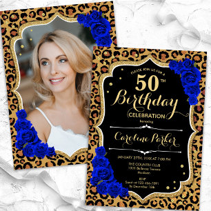 Leopard Print Royal Blue Foto 50. Geburtstag Einladung