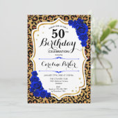 Leopard Print Royal Blue Foto 50. Geburtstag Einladung (Stehend Vorderseite)