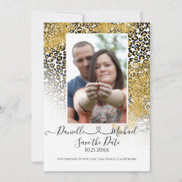 Leopard Print Script Heart Gold Glitzer Save The Date