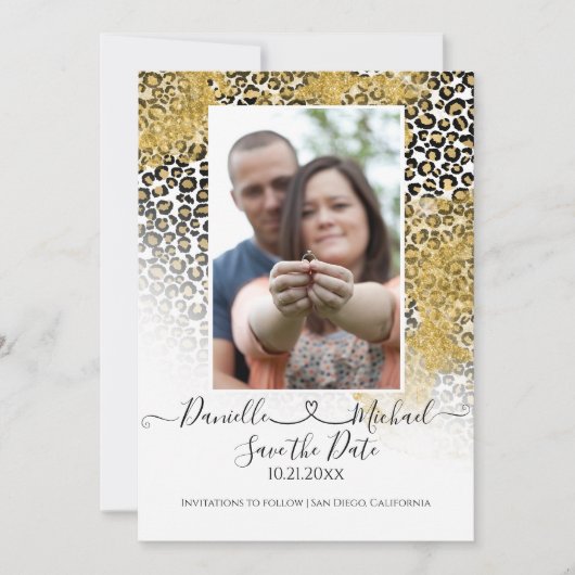 Leopard Print Script Heart Gold Glitzer Save The Date (Vorderseite)